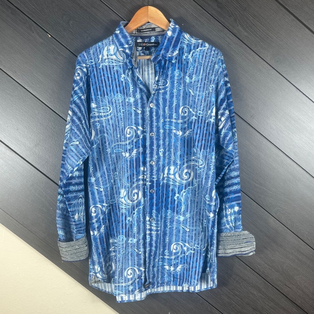 XMI Signature Mens Button Down Shirt Velvet Stripe Paisley Size L Blue‎